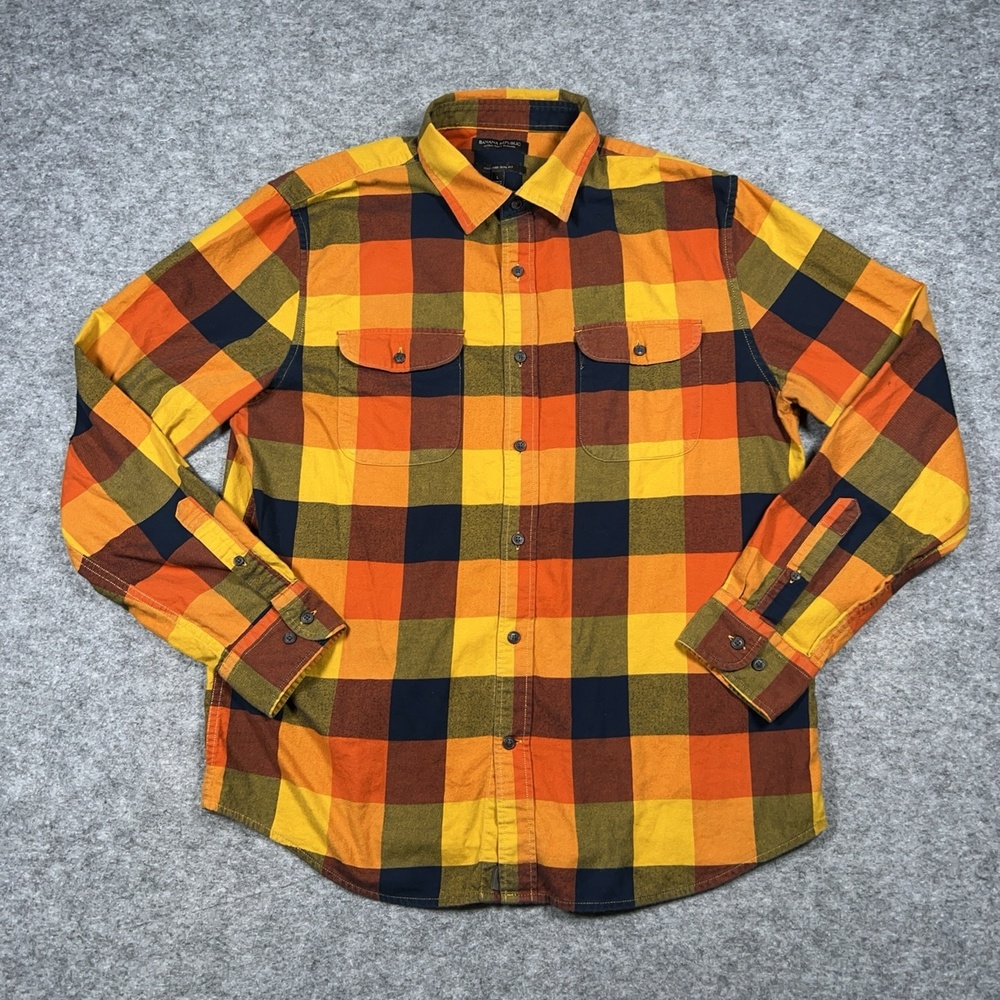 Banana Republic Shirt Mens L Orange Plaid Untucked Slim Flannel Ultra Soft Relax